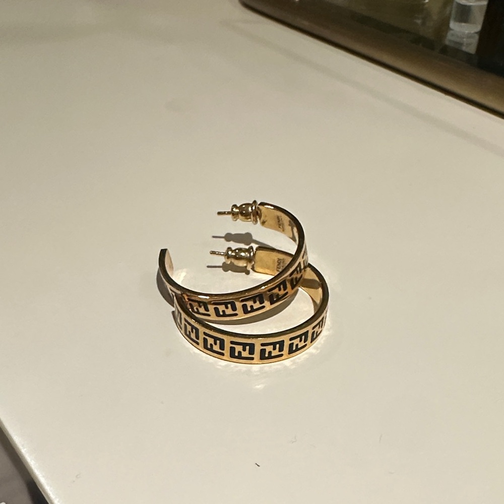 Fendi Gold Plated F Logo Round Hoop Earrings Jewelry